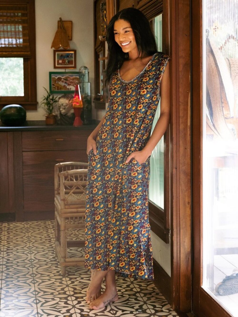 Natural Life Hangout Cotton Midi Dress - Olive Navy Floral